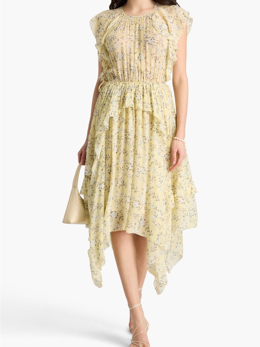 Ulla Johnson Caterina Silk Floral Ruffle Midi Dress Yellow Cottage Core
